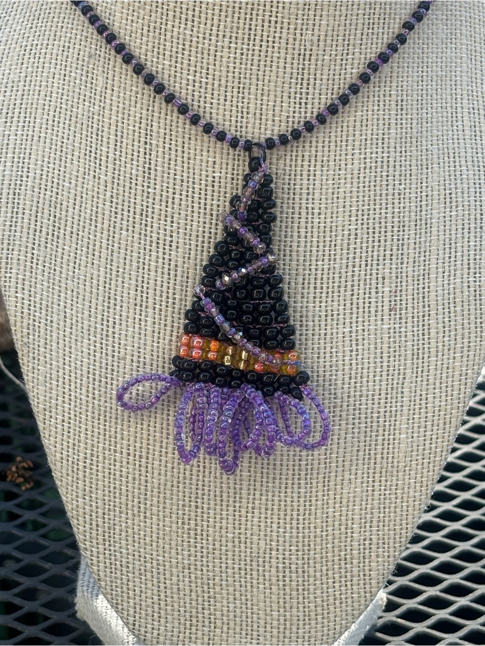 Beaded Witch Hat pendant with beaded necklace